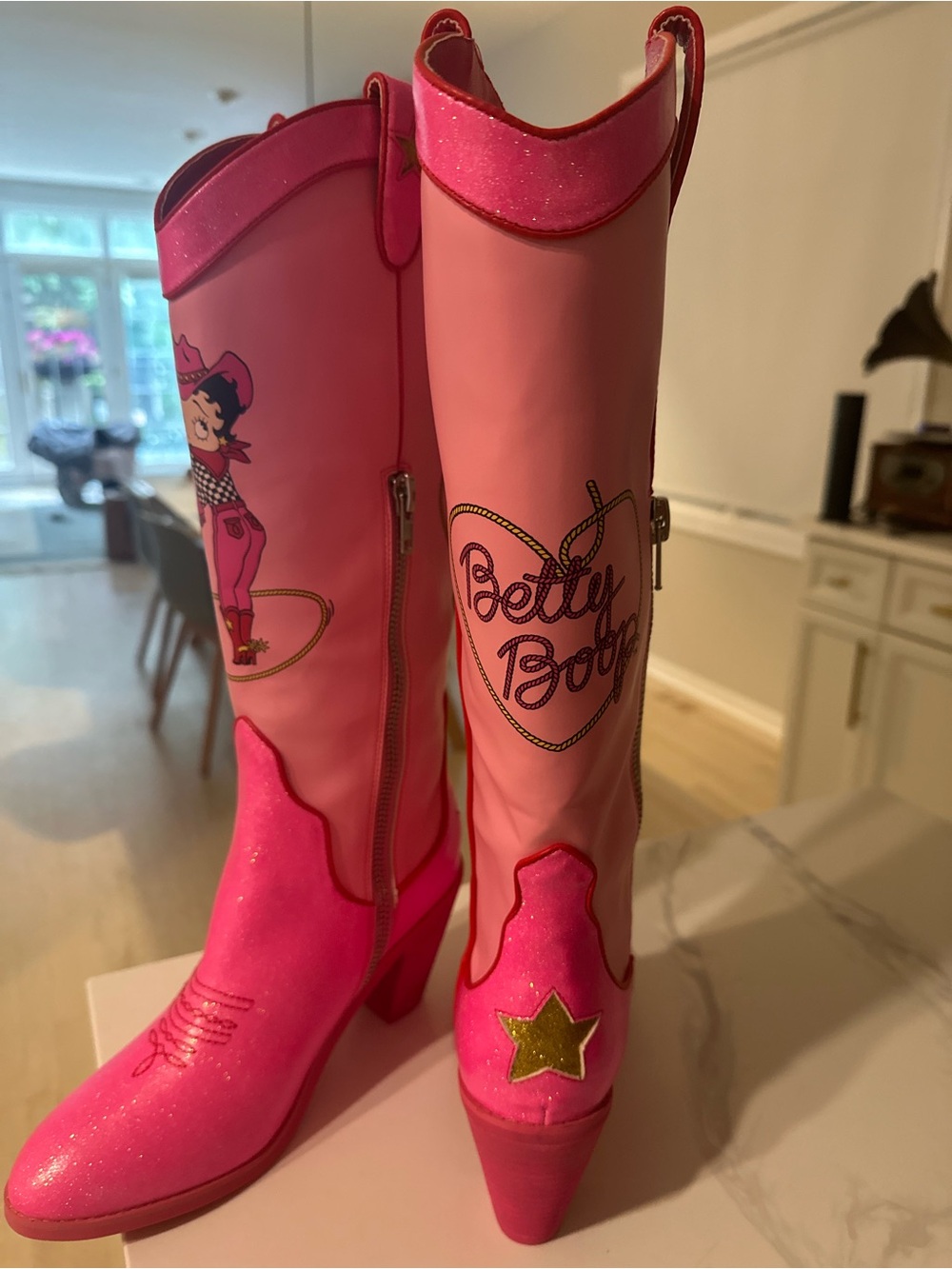 Betty Boop Pink Glitter Western Knee Boots with Gold Star Accents - Picture 6 of 10